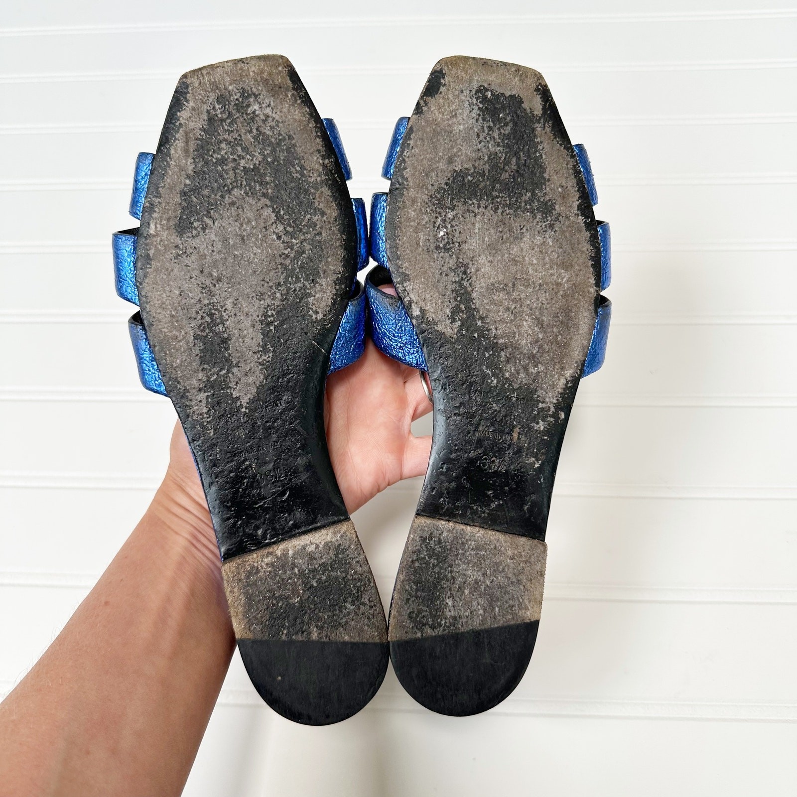 Saint Laurent Sandalo Omaggio Piatto Blu Metallizzato Slides Nu Pieds Pelle 38 5