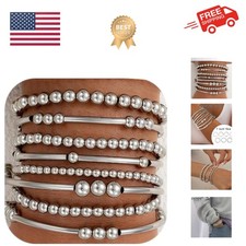 Silver Beaded Bracelets Set for Women, 3-12Pcs Boho Trendy Simple Stretch Bra...