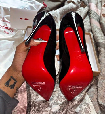 Christian Louboutin Women s Black Patent Leather Pointed Toe Pump Red Sole 10.5