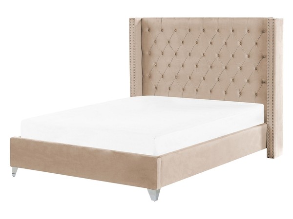 Bequemes Bett Samtstoff Hohes Kopfteil In Beige 160 X 200 Cm Lubbon-image
