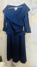 Davids Bridal Mother of the Bride Dress Blue Satin Long Sleeve Ruched Smart