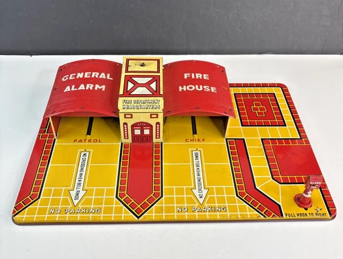 1930'S Marx One General Alarm Wind Up Fire House Tin Toy Fire Dept Headquarters
