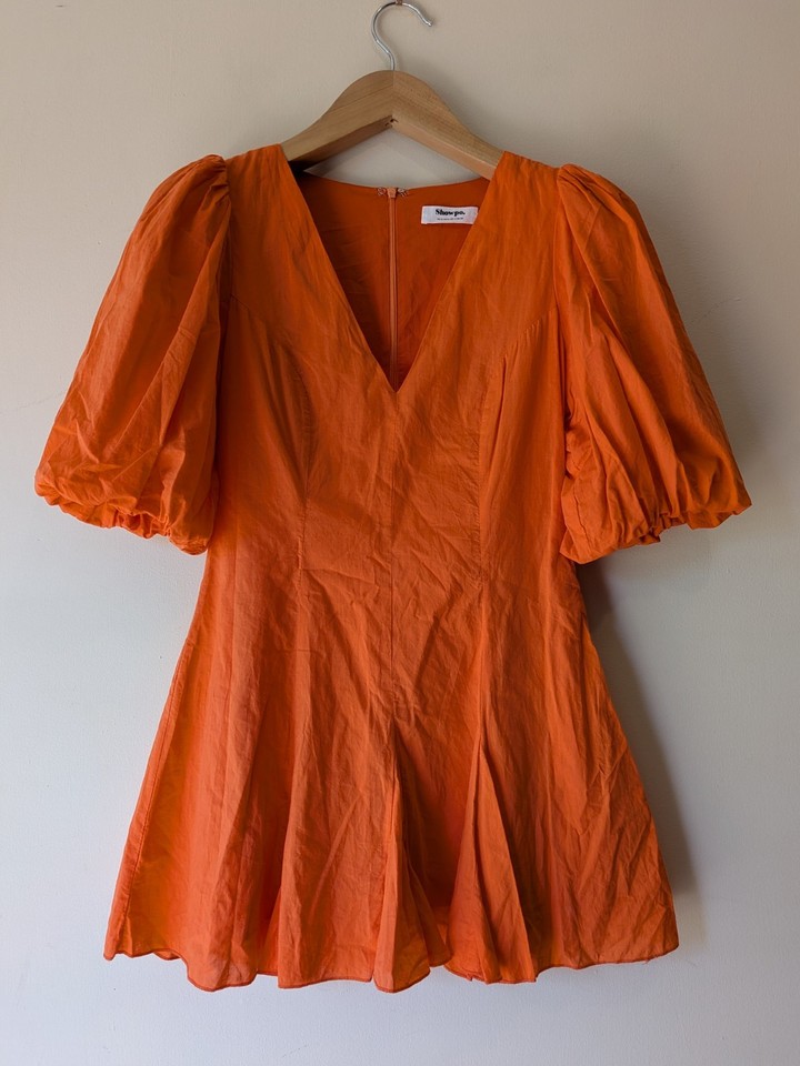 Dress Orange V-Neck Puff Sleeve Cotton Fit & Flare Mini Womens Size 8 Showpo