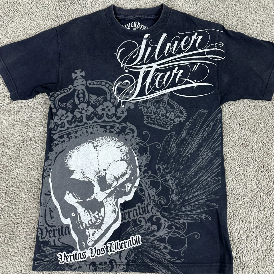 Camisa DE COLECCIÓN Estrella Plateada Para Hombres Mediana Negra Blanca Calavera Cyber Grunge AOP Patinador Foto 3 de 4
