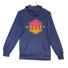 Hurley Youth L Blue Graphic Hexagon Logo Hoodie Pullover Sweatshirt Comfy