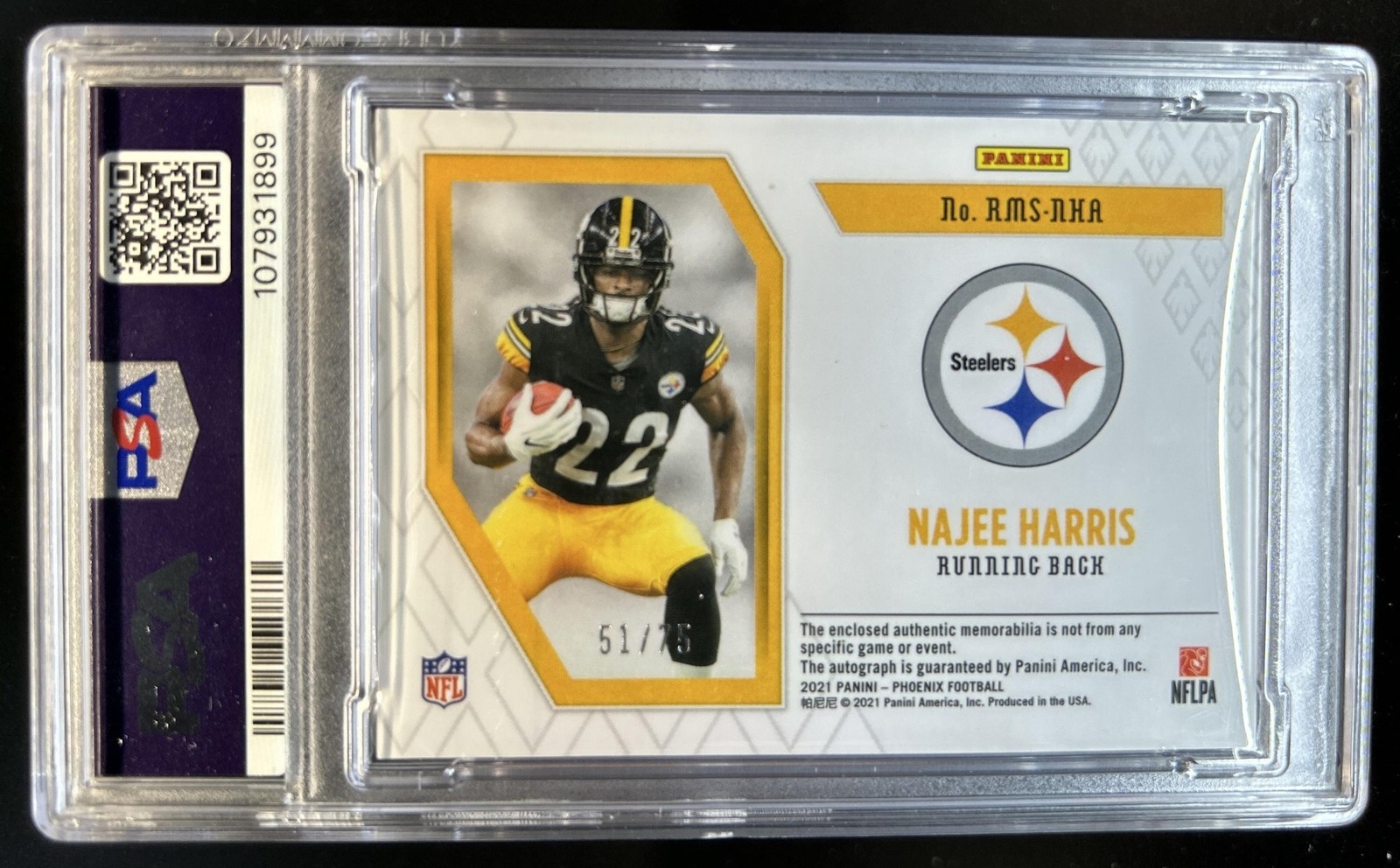 2021 Phoenix Najee Harris Rising Rookie Material Signature Auto #/75 PSA 9 view 2
