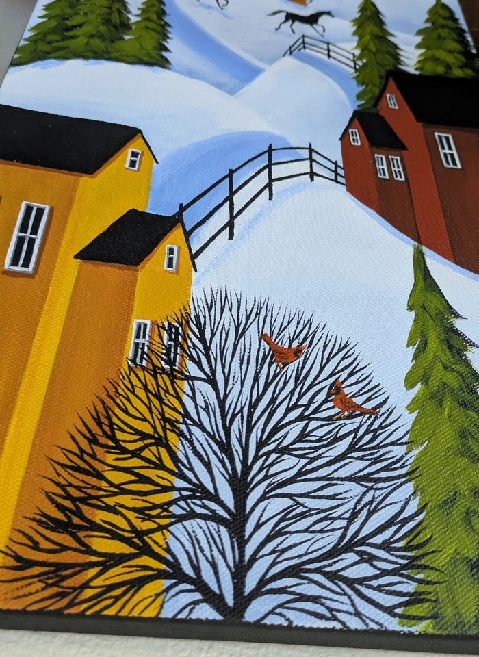 Pintura Arte Popular Original Cardenal Pájaro Rojo Caballo País Invierno Paisaje Nieve Foto 4 de 4