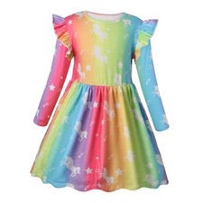 Girls Dress, Cute Twirly Stretchy Casual Dress 6-7 Years Rainbow Unicorn-cx117