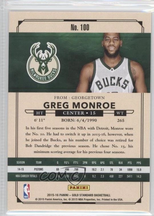 2015-16 Panini Gold Standard /299 Greg Monroe #100 - Image 2 of 2