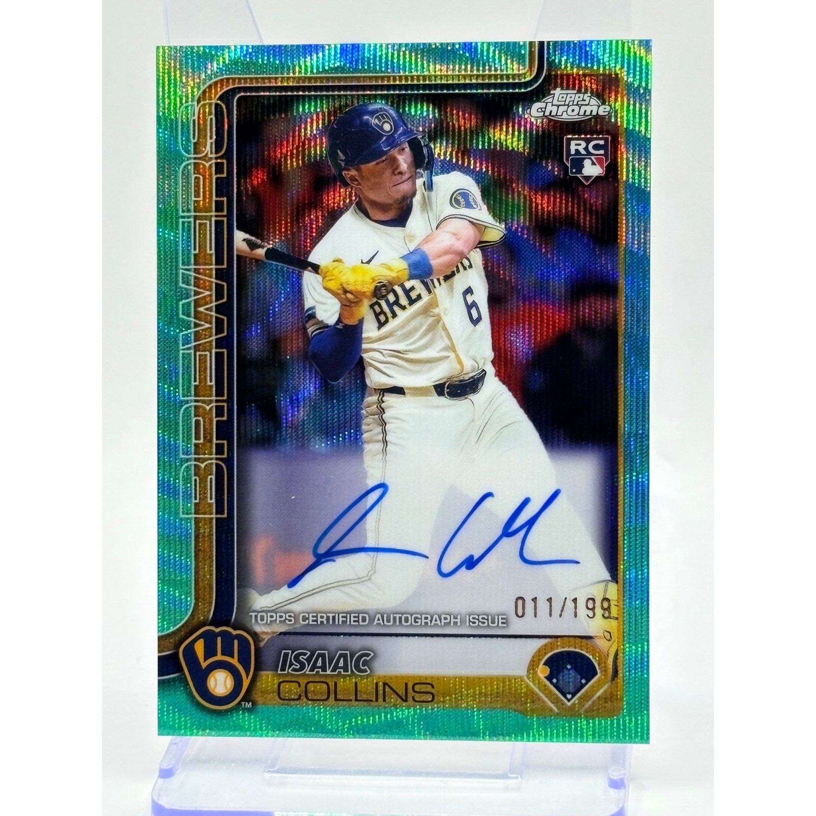 2025 Topps Chrome Isaac Collins Rookie Aqua Wave Auto 11/199 SP Brewers RC
