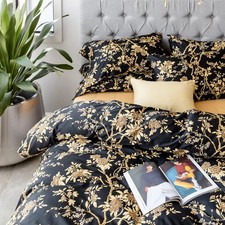 Eikei Eastern Floral Chinoiserie Blossom Duvet Quilt Cover Set Black Gold Queen