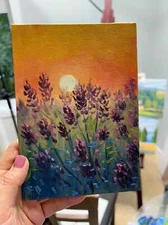 Sunset lavender flower original 5"x7" Framed oil painting on canvas wall art