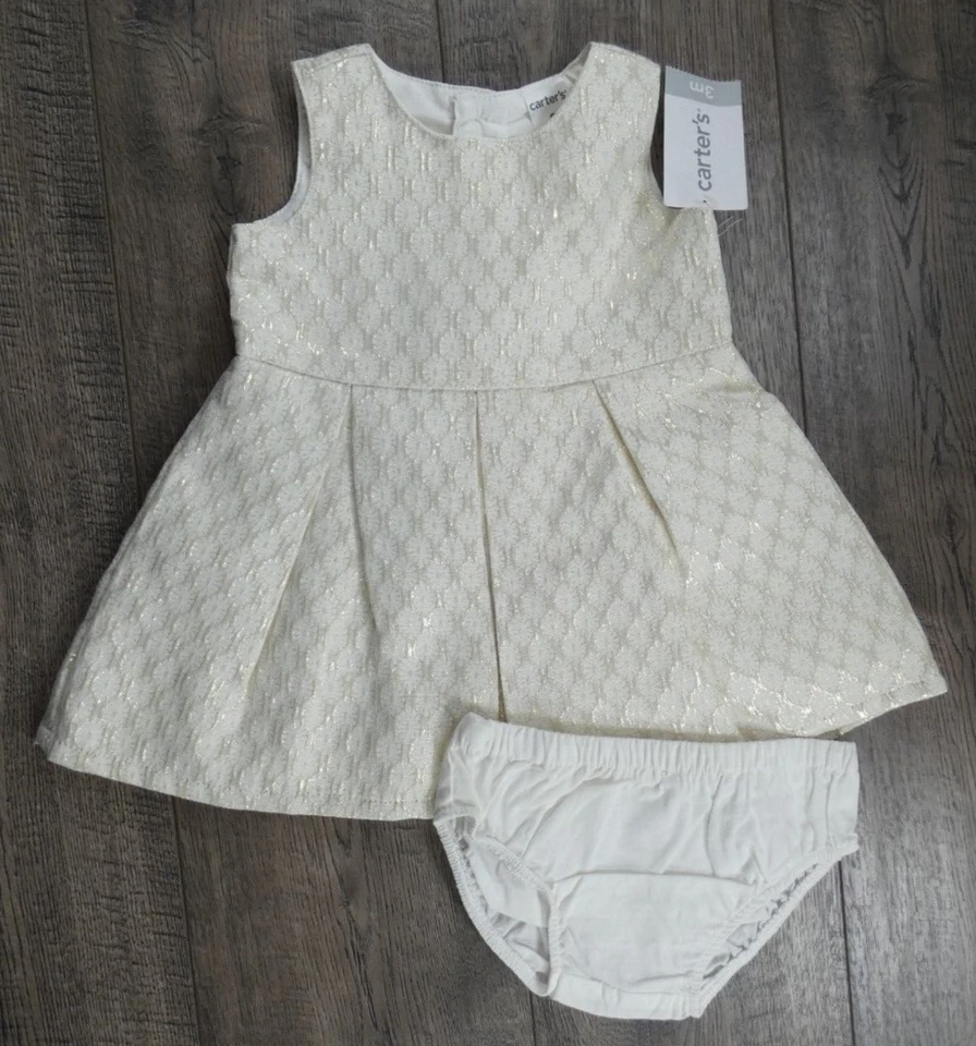Baby Girl Clothes New Carter's 3 Month 3pc Gold Sparkle Dress Bloomers Sweater - Image 3 of 4