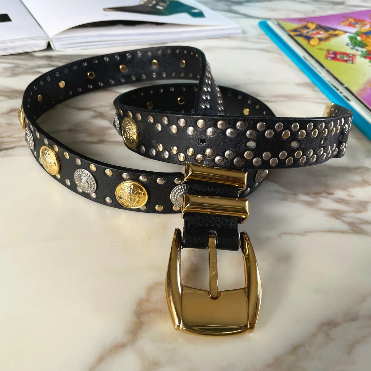 GIANNI VERSACE Dual Tone Black Leather Studded Medusa Head Belt Miami size 95 38