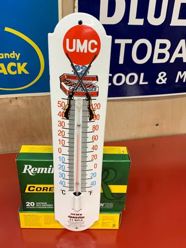 "UMC REMINGTON CARTRIDGES" PORCELAIN THERMOMETER (12"x 2.5") EXCELLENT CONDITION