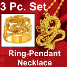 3PcSet Mens Womens 24K Gold Filled On Brass Dragon Ring Necklace Pendant Gift