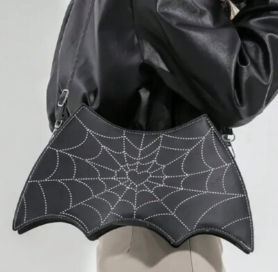 Spiderweb Print Shoulder Bag / Clutch with a sturdy Zipper , Edgy Bat Shaped