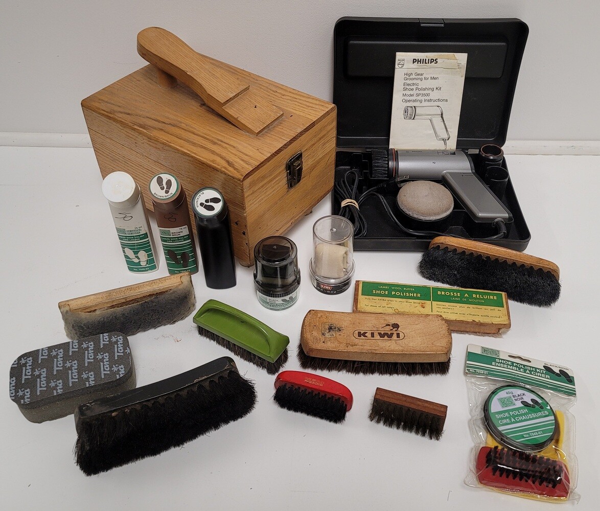Shoe Shine Kit + Wooden Foot Rest & Supplies (Brushes… Gem
