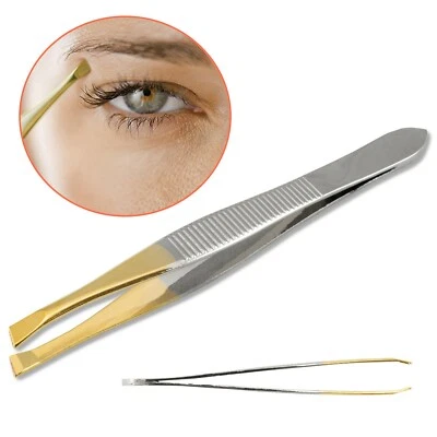 PEBBLE ELEVEN Gold Tipped Slanted Tweezers Precision Steel Eyebrow Hair Pluckers Non Slip Grip