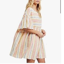 Free People Striped Babydoll Mini Dress Ruffle Sleeve Cotton Orange Yellow S