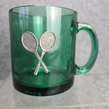 Pewter Tennis Rackets on Emerald Green Glass Mug Made in USA EUC