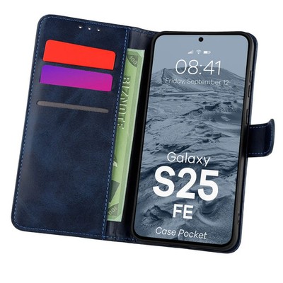 Handyhülle mit Klappe für Galaxy S25 FE Bizon Case Flip Cover Etui Dunkelblau