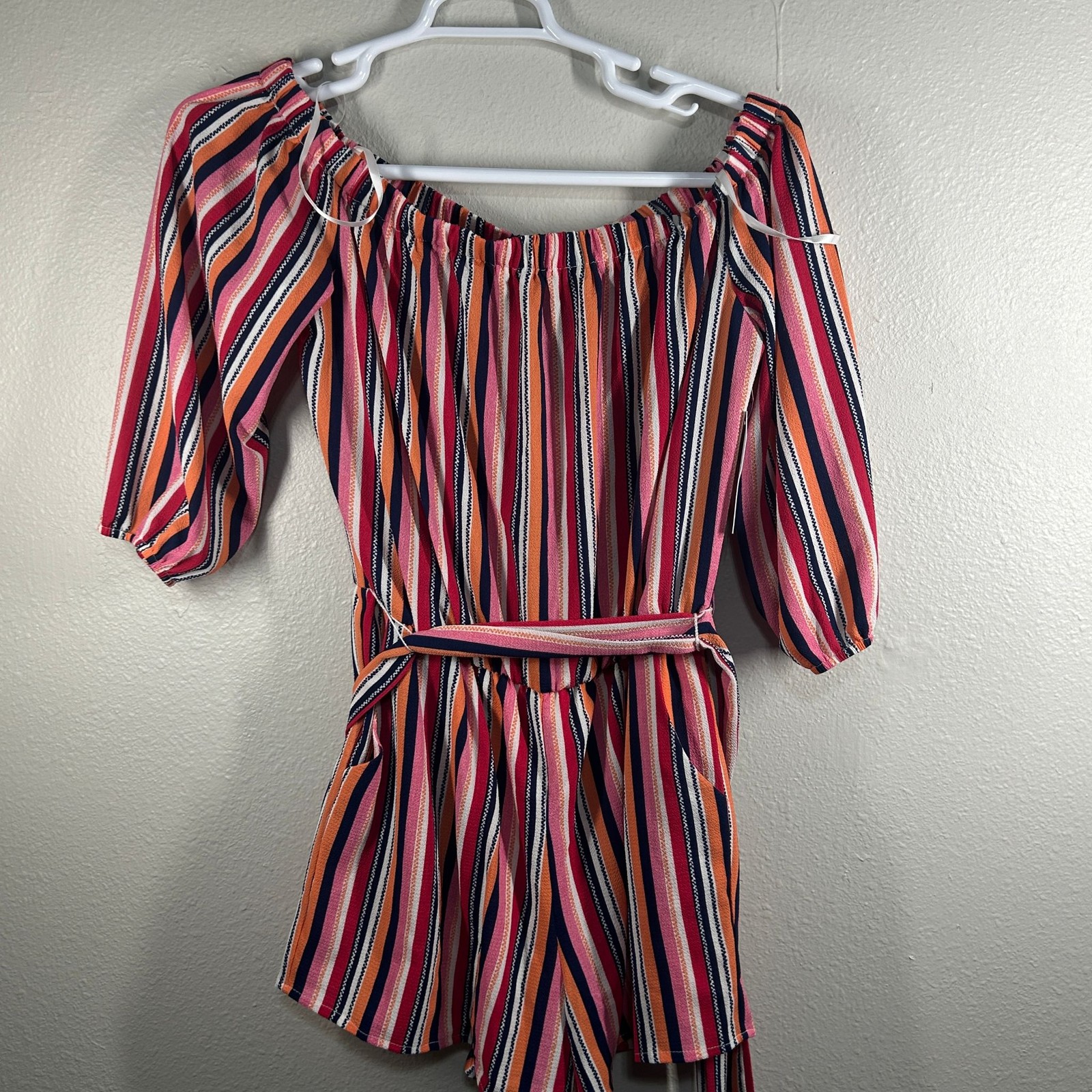 Premier Amour Romper Womens 12 Striped Off Shoulder Belted Short Jumpsuit Multi