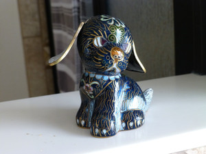 Adorable Black Chinese Cloisonne Puppy Dog Figurine
