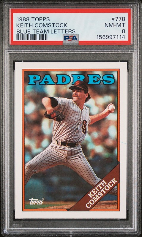 1988 TOPPS BLUE TEAM LETTERS #778 KEITH COMSTOCK PSA 8