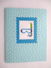Handmade Greeting Card Cross Stitch Completed Finished Summer Dive Goggle Swim
