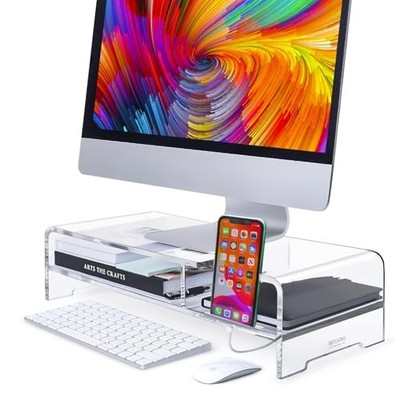  Acrylic Monitor Stand for Full Keyboard, 20'' Wide 2-Tier Riser with Storage 