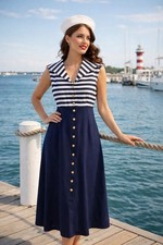 Evan Picone Vintage Dress Size 10 Navy White Stripe Sailor Collar Button Front