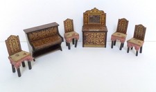Antique German Lithographed Dolls House Furniture Piano, Buffet & Chairs