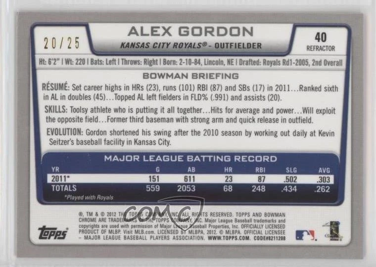 2012 Bowman Chrome Orange Refractor /25 Alex Gordon #40 - Image 2 of 2