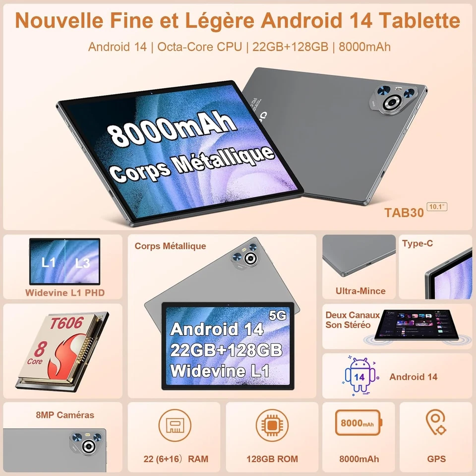 Tablette Android 14 10 pouces Octa Core 22Go RAM 128Go ROM écran IPS HD - Photo 2/4