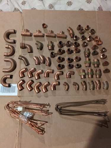 Lot of 80+ Various size Copper Water Etc. Fittings & Pipe Hangers as Shown NOS