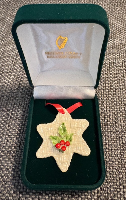 Belleek Melvin Craft Holly Star Ornament — Vintage — w/ Original Velvet Box