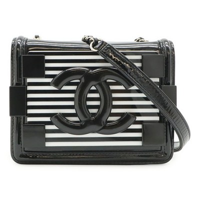 CHANEL Lego Boy Plastic Coco Mark Border Chain Shoulder Bag Pochette Leather Bla