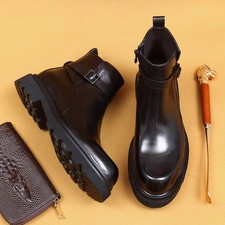 Mens Chelsea Boots Black Round Toe Boots Cowhide Leather Business Casual Boots