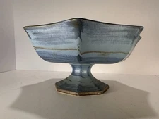 Haeger Pottery Blue Pedestal Bowl Compote Signed 2002 USA