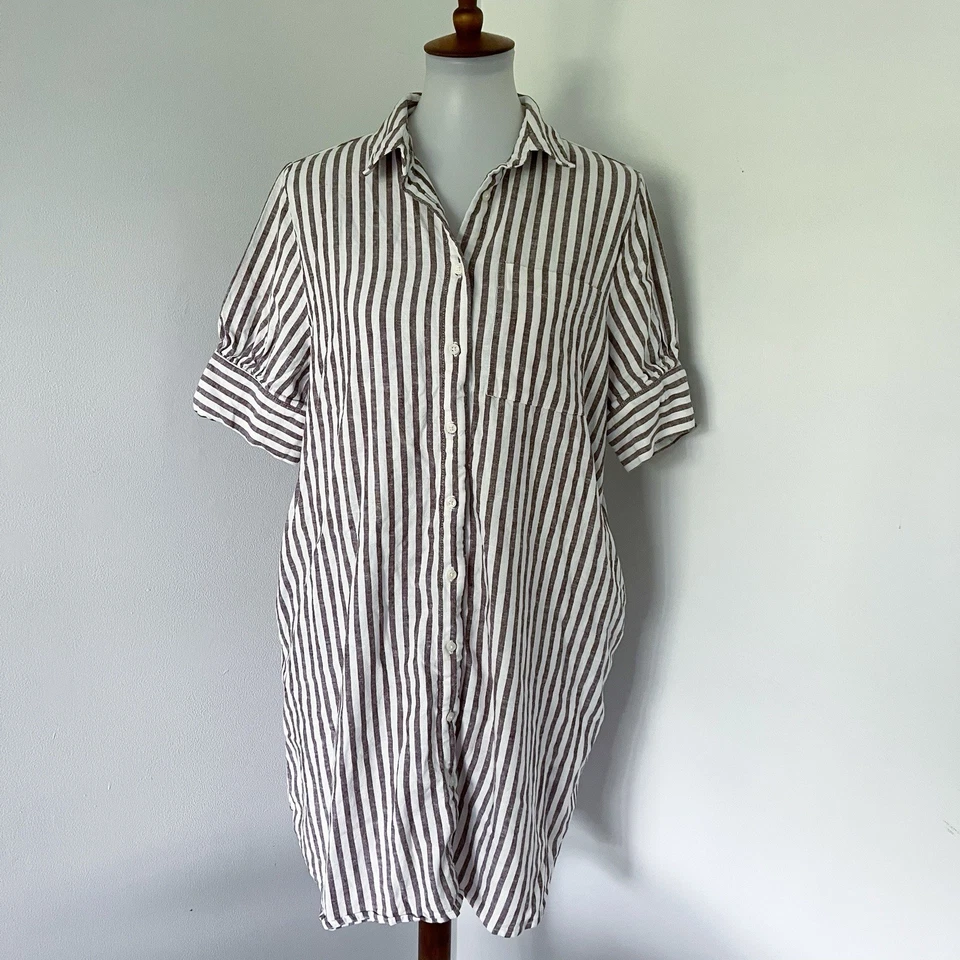 Old Navy Puff Sleeve Shirt Dress L Linen Blend Striped Button Up Coastal Beachy - Image 2 of 4