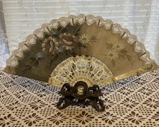 Vintage Folding Hand Painted Lace Hand Fan. 17"W X 9"H