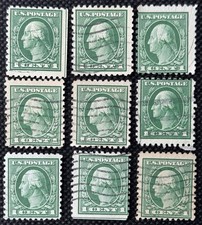 9x, Scott 424- Used- 1c George Washington- Perf 10, Single Line Watermark- 1914