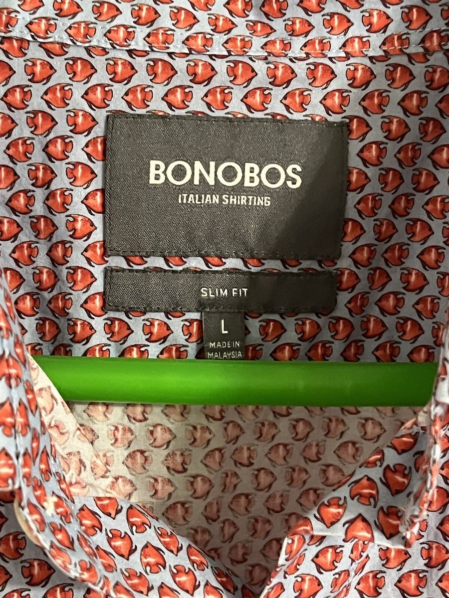 Chemise Bonobos Coupe Fine – Manches Longues – Poisson Imprimé – Blanc/Bleu – Taille MT