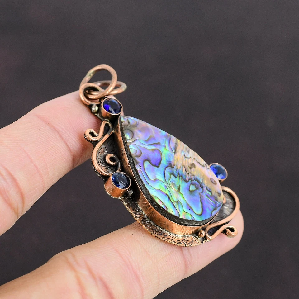 Pingente de aniversário de cobre quartzo tanzanita pedra preciosa concha de pera abalone - Imagem 3 de 4