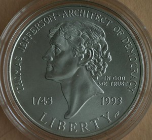 1993 Thomas Jefferson 250th Anniv Commem Silver Proof Dollar Coin NO BOX NO COA