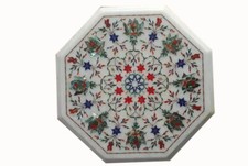 15" Marble side Table top handmade floral art inlay semi precious stones work