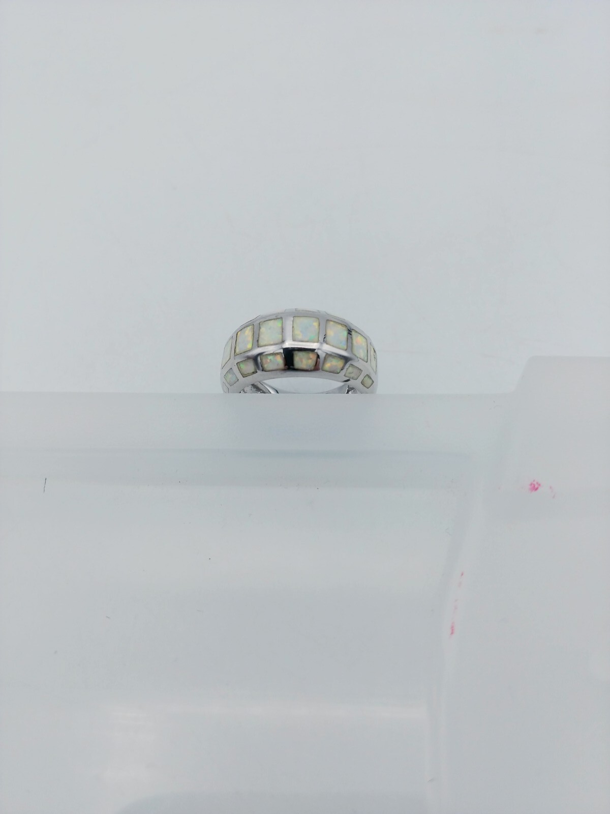 Lab-created white fire opal inlaid geometric ring - image 1