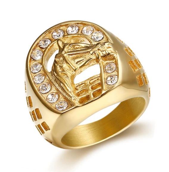 Anillo De Caballo De La Suerte Para Hombre - Oro 18K EP Con Circonitas, Tallas Del 7 Al 15, Ideal Como Regalo