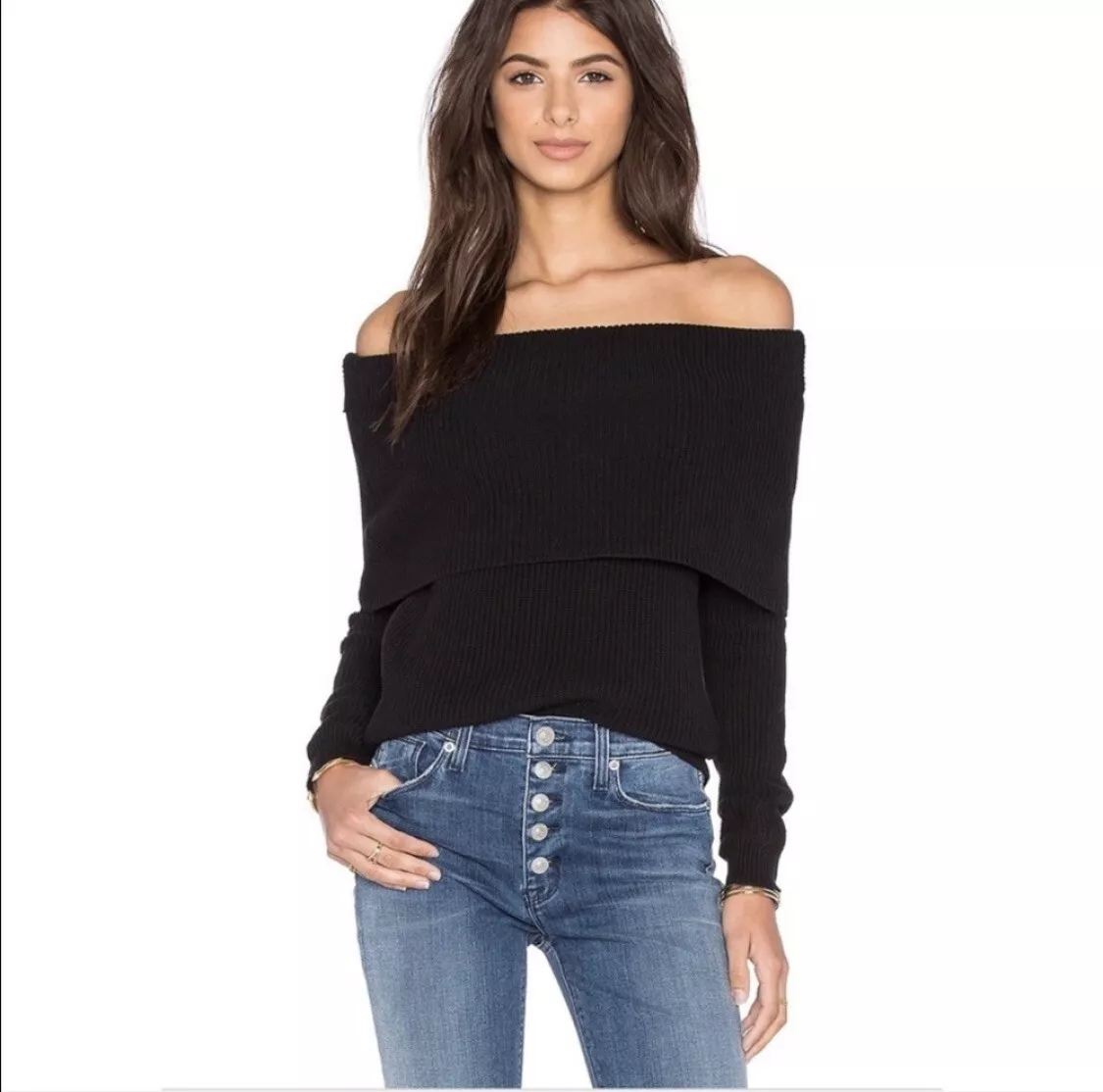 Lovers Friends Black Off Shoulder Ribbed Knit Sweater Size Small